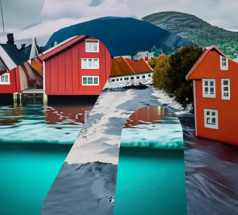 Illustrasjonsbilete laga ved hjelp av KI som viser ein flaumråka norsk by med Forskningsrådets visuelle profil