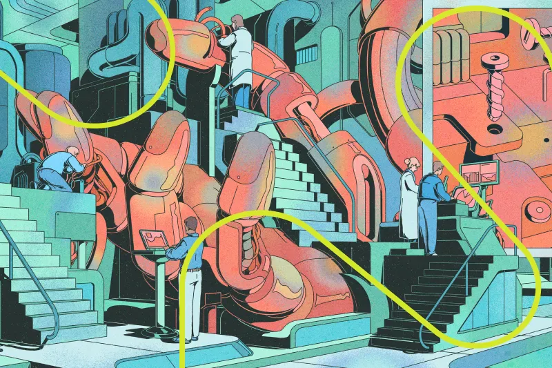 Tegnet illustrasjon av Micha Huigen. Tegningen viser forskere som arbeider i et maskinrom.