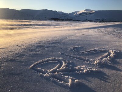 RiS written in the snow and Longyearbyen seen in the distance