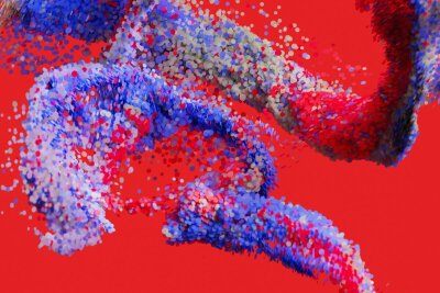 Abstrakt, 3D animasjonsbilde av mørk og lys lilla, beige, røde og rosa prikker som beveger seg rundt i en spiralform på rød bakgrunn. 