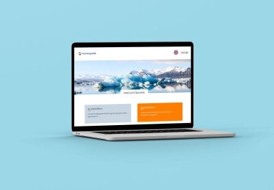 En laptop som viser en side med tittel Prosjektbanken, foto av isfjell, to bokse der det står Se statistikken og Se prosjektene