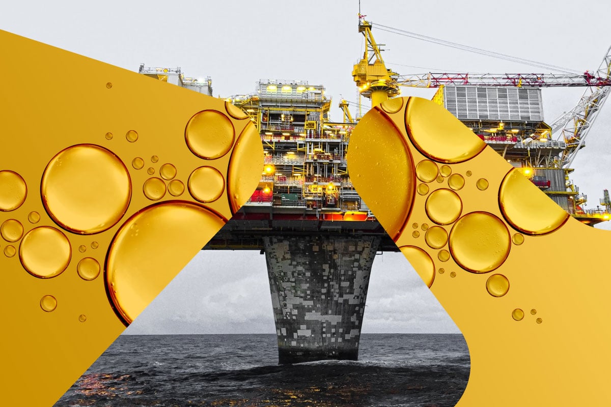 Gult nærbilde av oljedråper kombinert med bilde av oljeplattform