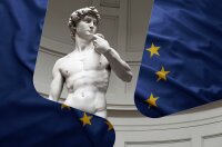Davidstatuen av Michelangelo kombinert med et bilde av EU-flagget