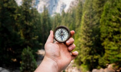 Hånd holder et gammeldags kompass opp foran en skog. Foto: Jamie Street/Unsplash