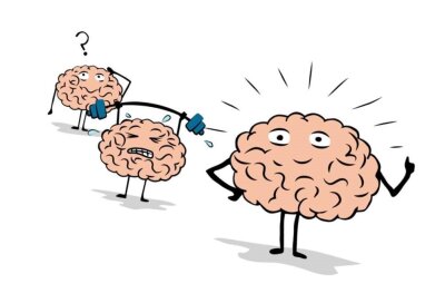Illustrasjon av tre hjerner som lurer på noe, løfter en vektstang og får en ide