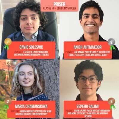 Montasje av portretter av elever som vant pris i Konkurransen Unge Forskere