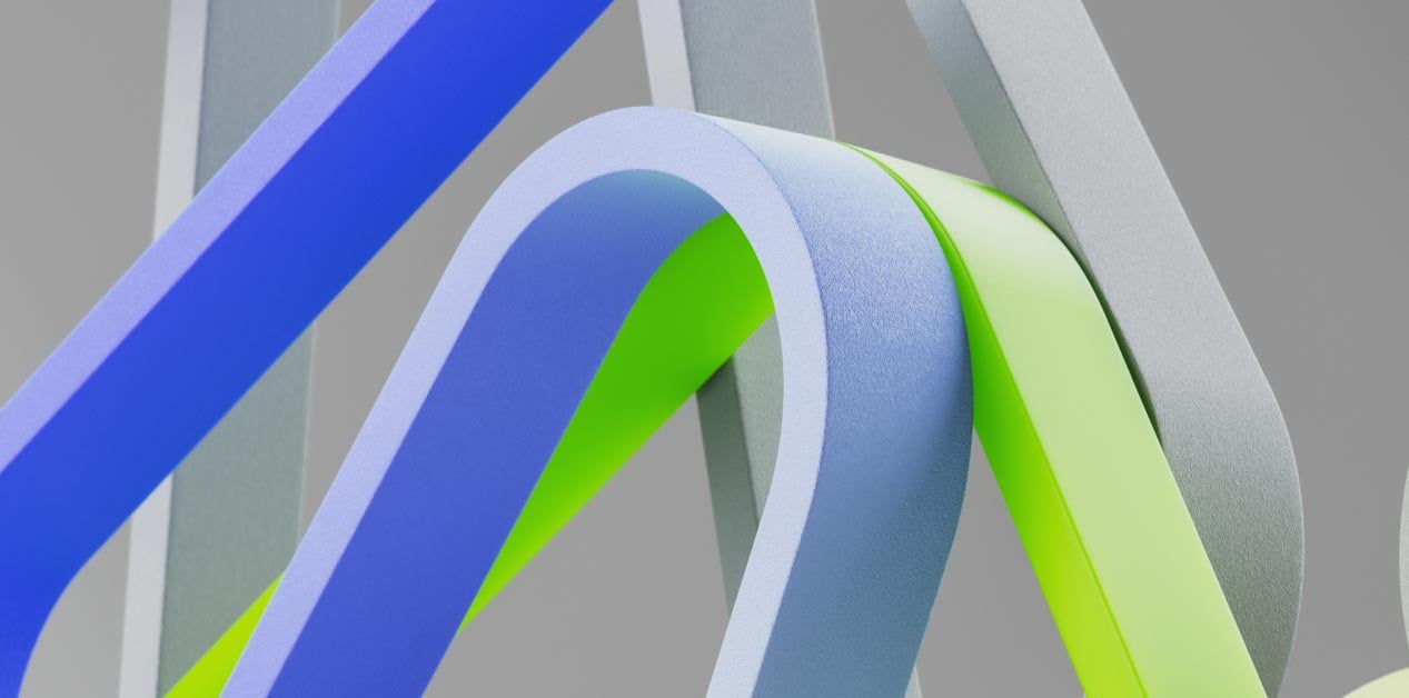 Abstrakt illustrasjon med flere brede, bøyde bånd i ulike farger. Forgrunnen viser et blått bånd som bøyer seg i en bue, tett sammenvevd med et limegrønt bånd. I bakgrunnen er det flere grå og blå bånd som krysser hverandre.